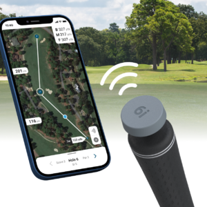 View of CONNEX tag in golf club shot tracking with a mobile phone with course in the background