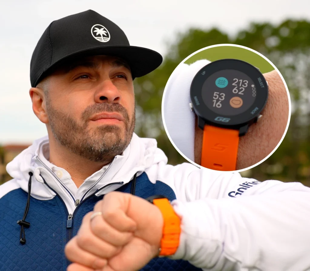 Golfer looking ahead with the Shot Scope hazards screen on the G6