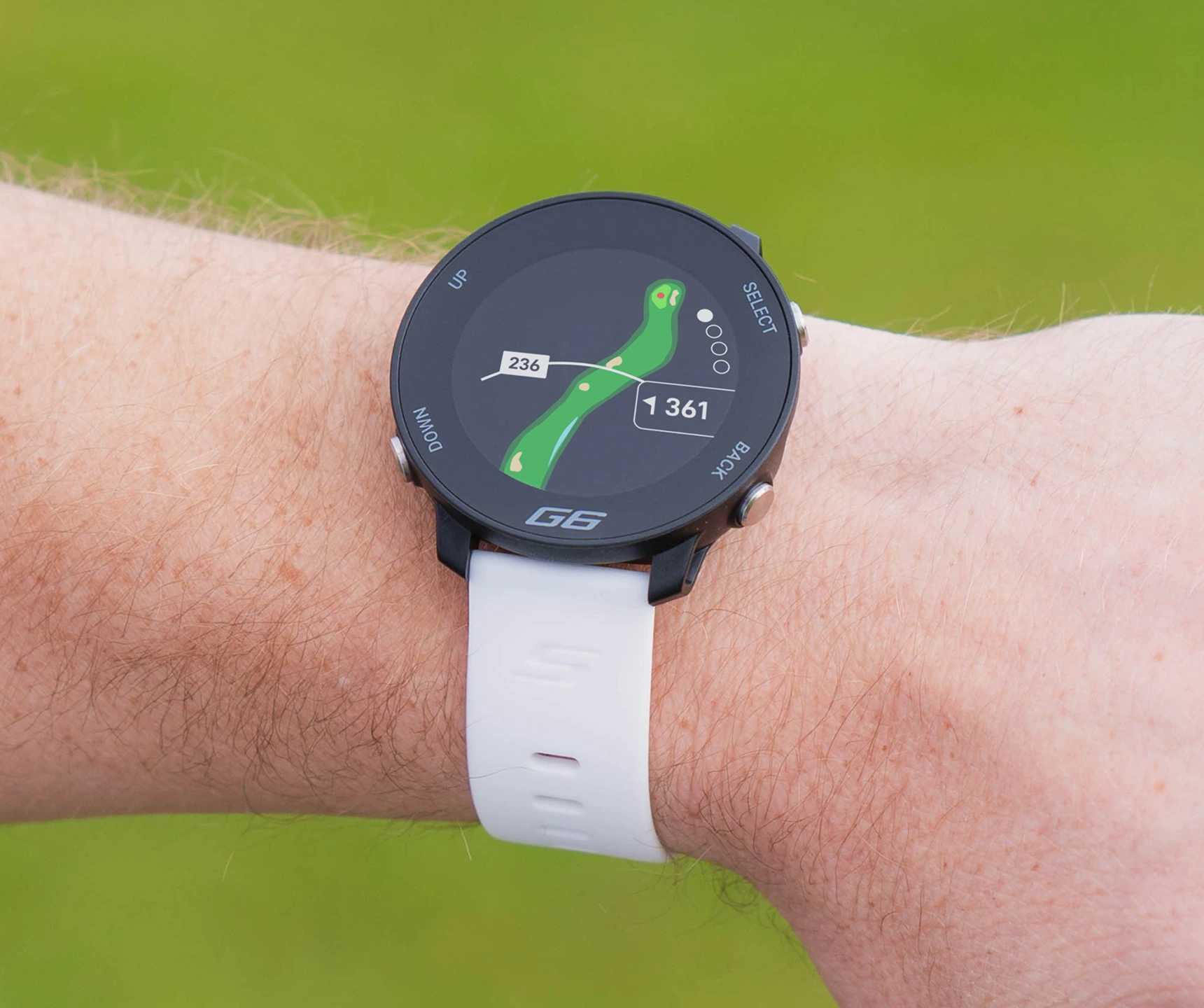 White G6 GPS watch on wrist with Full hole maps